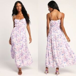 Lulu's Total Darling Pink Multi Floral Print Notched Bustier Maxi Dress